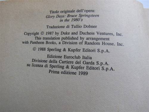 BRUCE SPRINGSTEEN - GLORY DAYS - HARD COVER - THINK BOOK IS ITALIAN