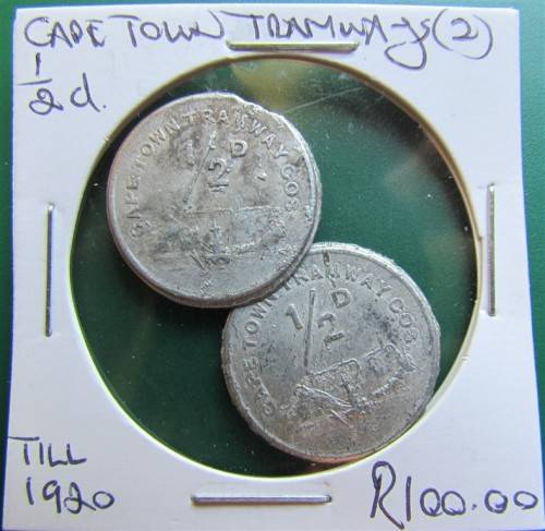 2 x Capetown Tramways Tokens 1/2d - Used upto 1920