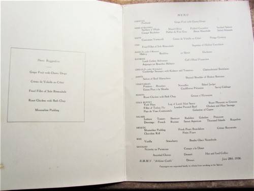 Union Castle Line Menu , 28 July 1936 , R.M.M.V Athlone Castle