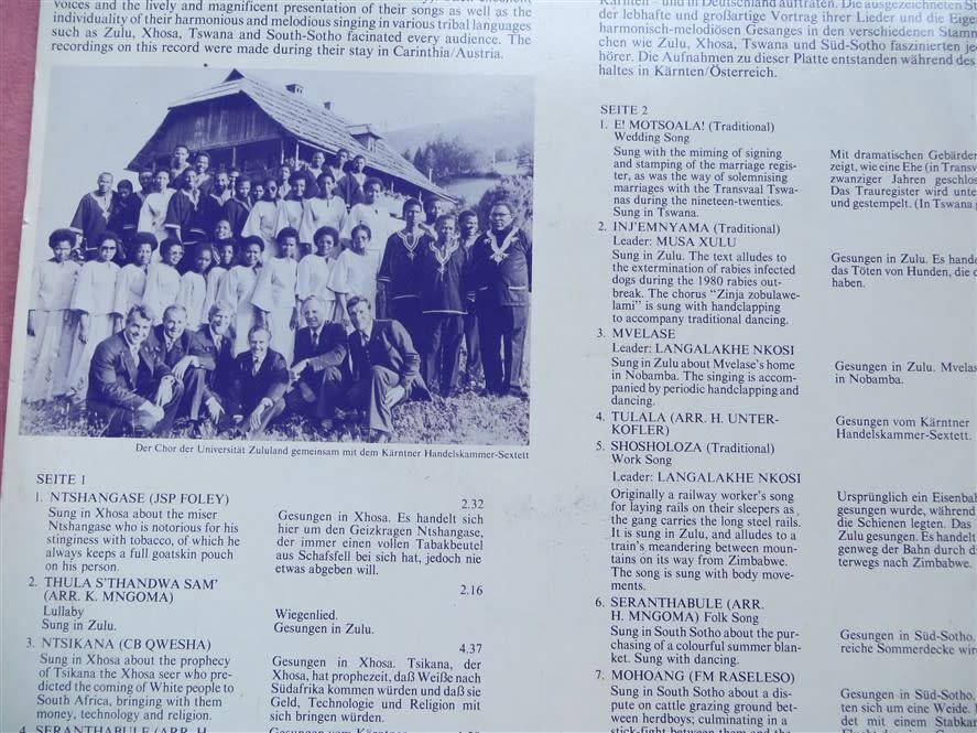 Vintage Vinyl LP - University of Zululand Choir - On Tour in Europe - Cover VG+-/Vinyl VG