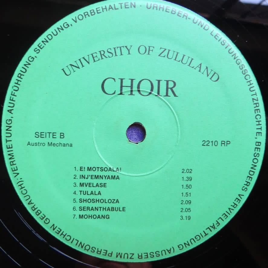 Vintage Vinyl LP - University of Zululand Choir - On Tour in Europe - Cover VG+-/Vinyl VG