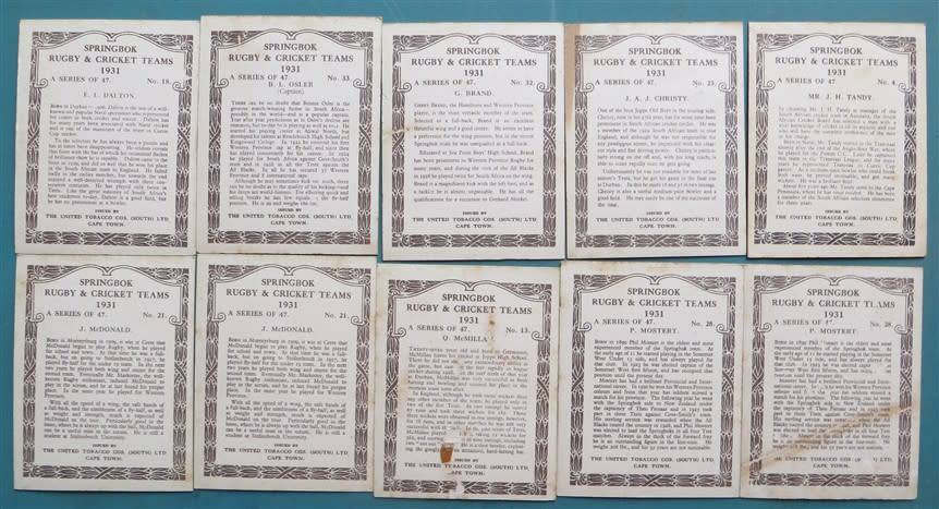 10 x 1931 SA Springbok Rugby & Cricket Cigarette Cards - Scarce