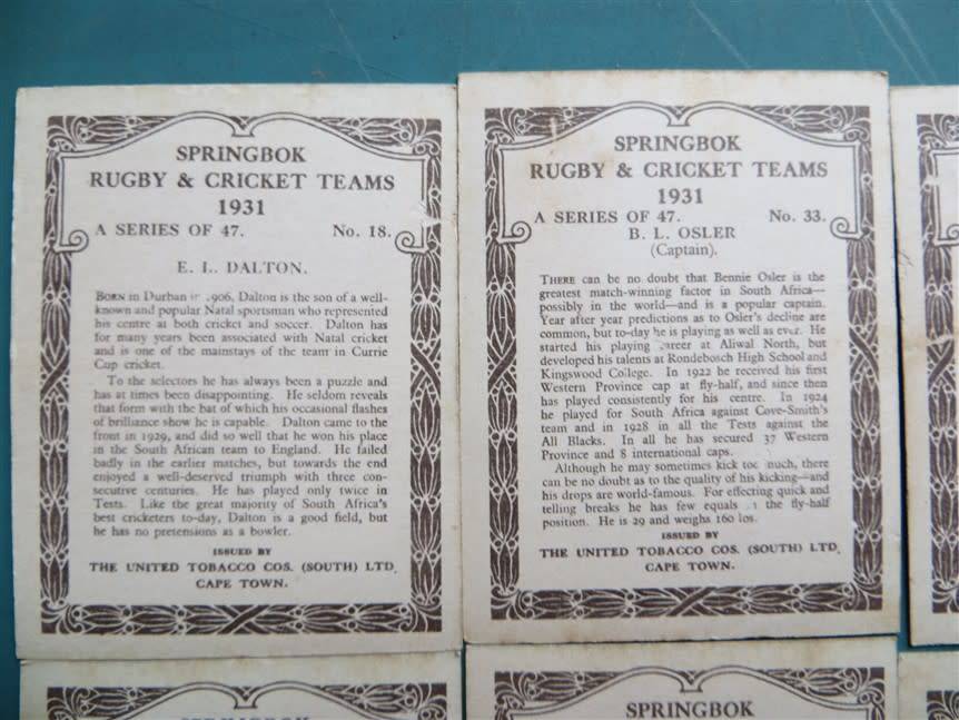 10 x 1931 SA Springbok Rugby & Cricket Cigarette Cards - Scarce