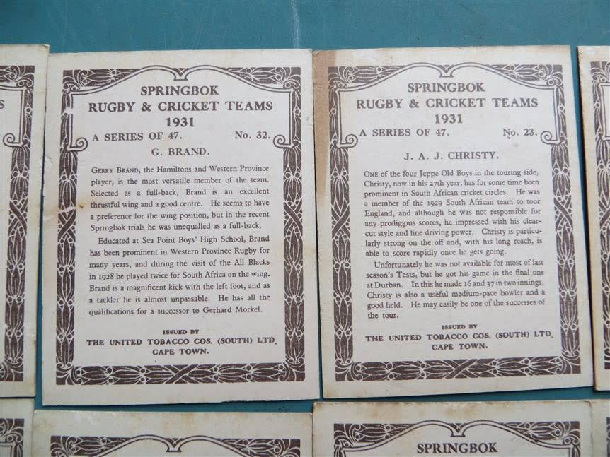 10 x 1931 SA Springbok Rugby & Cricket Cigarette Cards - Scarce