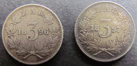 1896 + 1897 Z.A.R 3d KRUGER TICKEY-GREAT DETAILS **$$$ R1 START $$$**