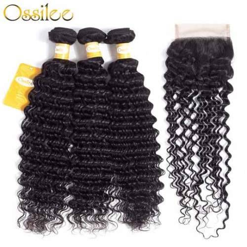 Grade 10A Brazilian Hair Black Deep Wave 3 Bundles and closureHuman Hair (8inch) upgradeable