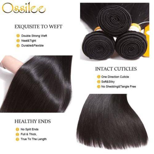 (Grade 10A)Brazilian Virgin Straight Hair Black 3 bundles 8inch+ Closure (size upgradable)