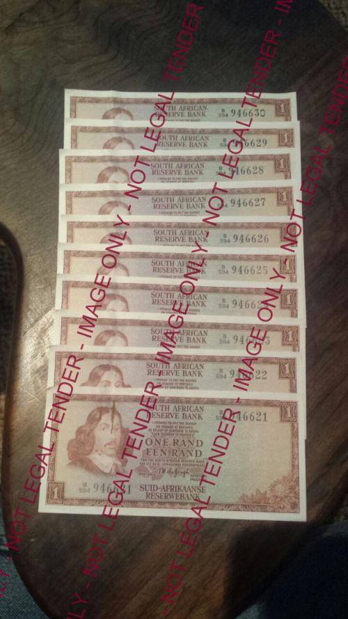 56 off Uncirculated TW De Jongh R1 notes - 3 sets of consecutive serial numbers - 1 lot