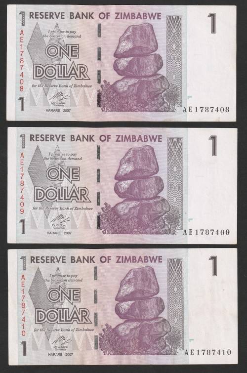 Zimbabwe - 2007 - $1 Dollar Dollars Gono - Circulated - Range AE - 6 Notes (almost) in Sequence
