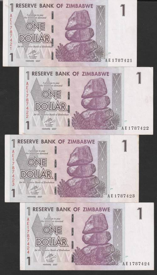 Zimbabwe - 2007 - $1 Dollar Dollars Gono - Circulated - Range AE - 4 Notes in Sequence