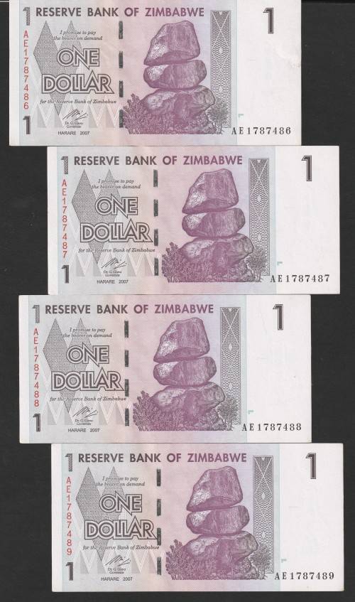 Zimbabwe - 2007 - $1 Dollar Dollars Gono - Circulated - Range AE - 6 Notes in Sequence