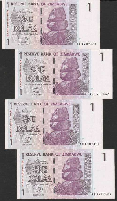 Zimbabwe - 2007 - $1 Dollar Dollars Gono - Circulated - Range AE - 4 Notes in Sequence