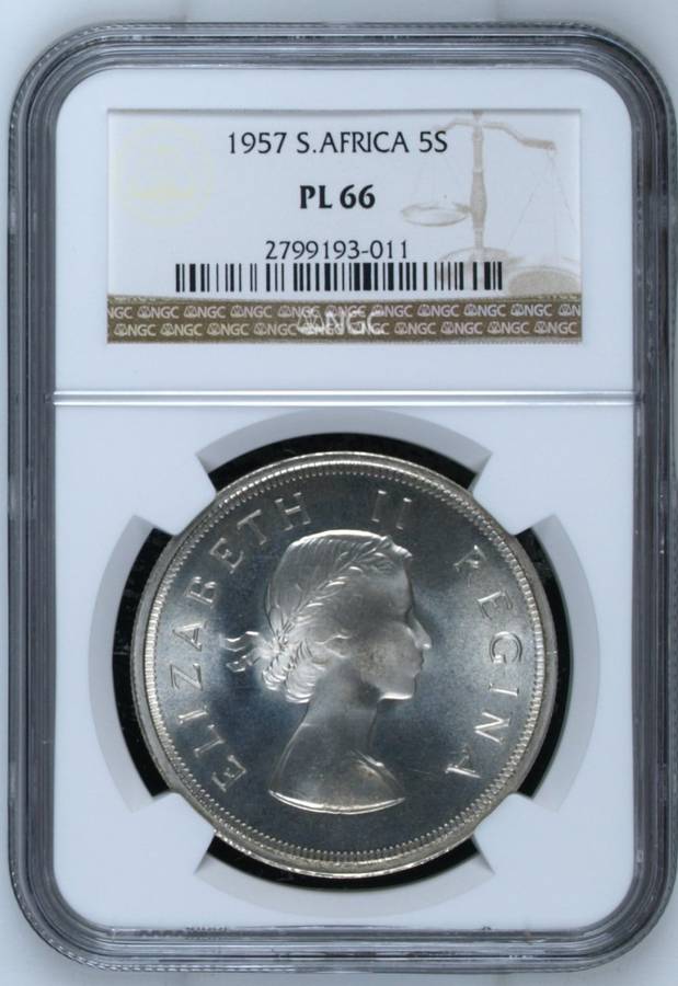 1957 | Crown | 5 Shillings | NGC PL 66