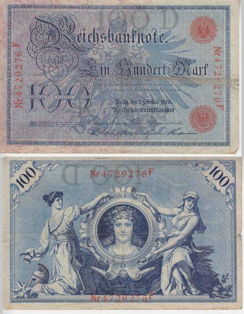 GERMANY REICHSBANKNOTE 100 MARK 1908 P.33  F