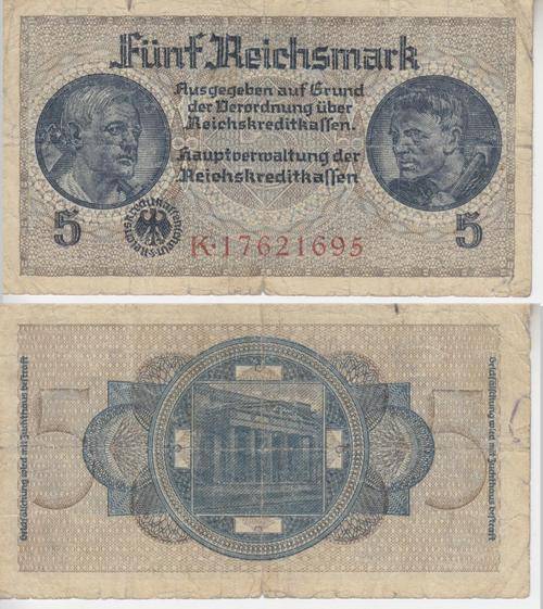 GERMANY WORLD WAR II -  5 REICHSMARK 1940-45 R138b  F