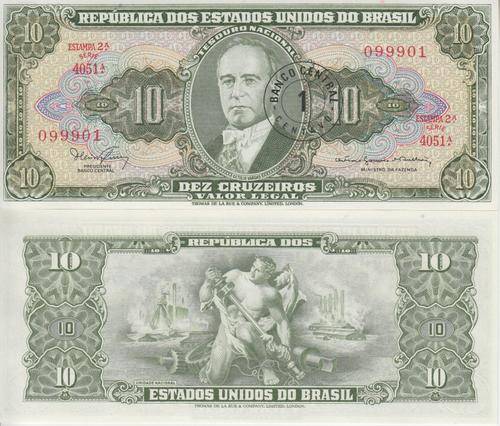 BRAZIL 1 CENTAVO ON 10 CRUZEIROS 1967  P 183b UNC