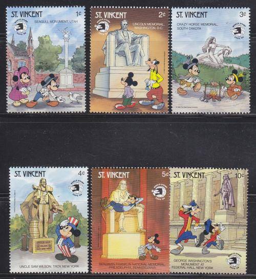 6 DISNEY STAMPS - DISNEY CHARACTERS AT STATUES - ST.VINCENT - MNH