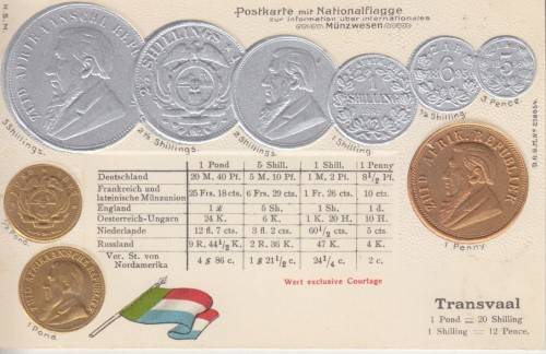 BOER WAR POSTCARD - THE TRANSVAAL REPUBLIC CURRENCY - KRUGER COINS (EMBOSSED) WITH FLAG - UNUSED