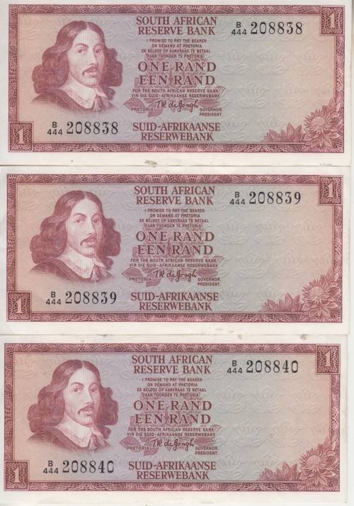 SOUTH AFRICA - 3X ONE RAND BANKNOTES T.W.DE JONGH B444 3RD ISSUE 1975 F. ENG/AFR.CONSECUTIVE NUMBERS