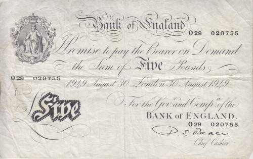 GREAT BRITAIN WHITE NOTE £5 1949 LONDON P344 F