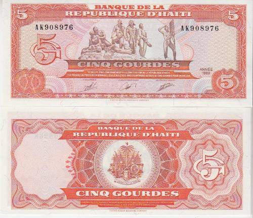 HAITI 5 GOURDES 1989 P255 UNC
