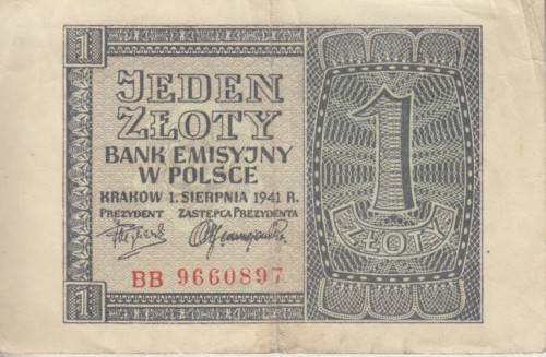 WORLD WAR 2 - POLAND 1 ZLOTY 1941 P99 VF