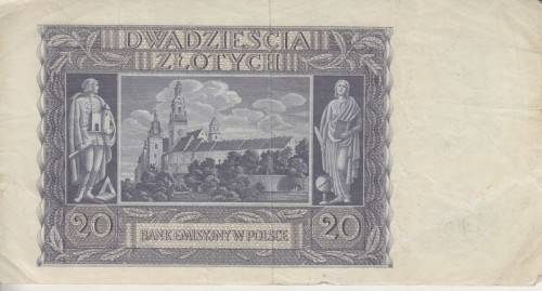 WORLD WAR 2 - POLAND 20 ZLOTYCH 1940 P95 VF