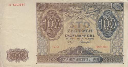 WORLD WAR 2 - POLAND 100 ZLOTYCH 1941 P103 VF