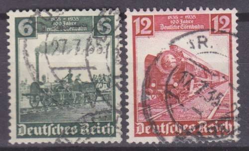 2 GERMAN EMPIRE STAMPS - 1935 Locomotives - The 100th Anniversary of the German Railroad