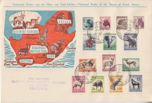 UNION OF SOUTH AFRICA FDC - 14 OCT.1954 DEF. ISSUE NATIONAL PARKS ANIMALS - SKUKUZA