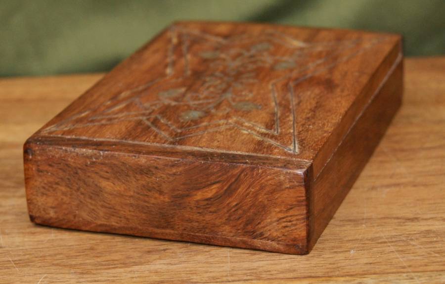 Antique Wooden Lidded Box with Brass Inlay