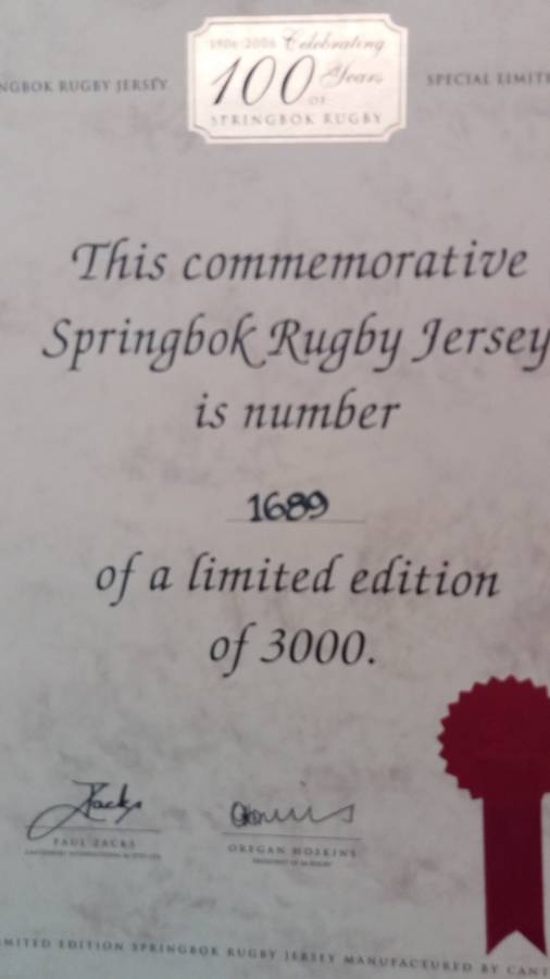 Limited Edition Springbok Centenary Rugby Jersey:1906 - 2006 *CERTIFIED LIMITED EDITION (1689/3000)*