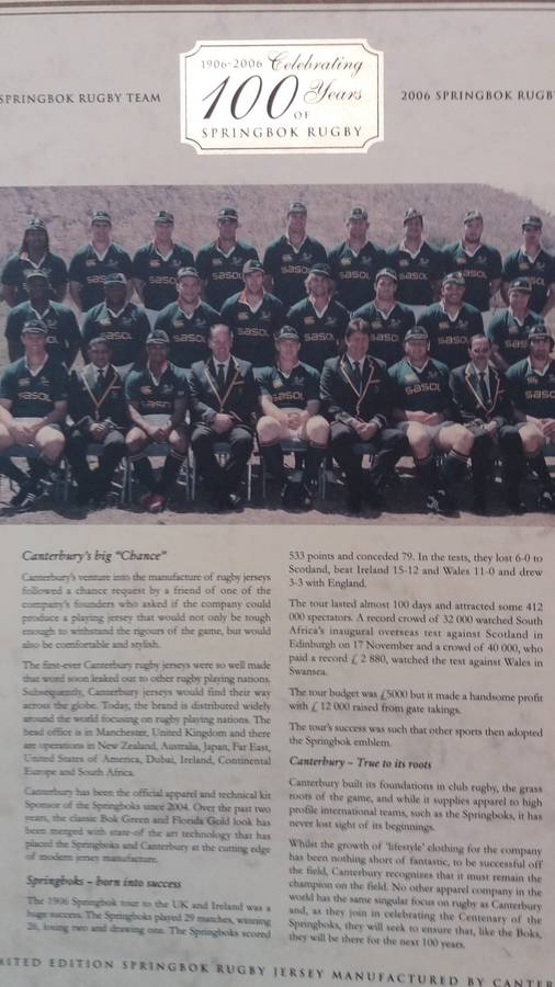 Limited Edition Springbok Centenary Rugby Jersey:1906 - 2006 *CERTIFIED LIMITED EDITION (1689/3000)*