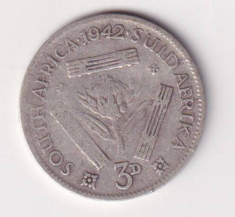 UNION OF SOUTH AFRICA 1942  TICKEY 3 PENCE (SILVER)  KM35.1