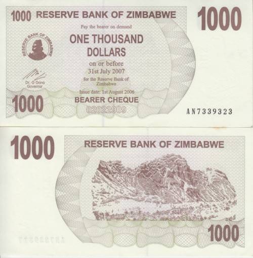 ZIMBABWE 1000 DOLLARS P44 2006 A-UNC