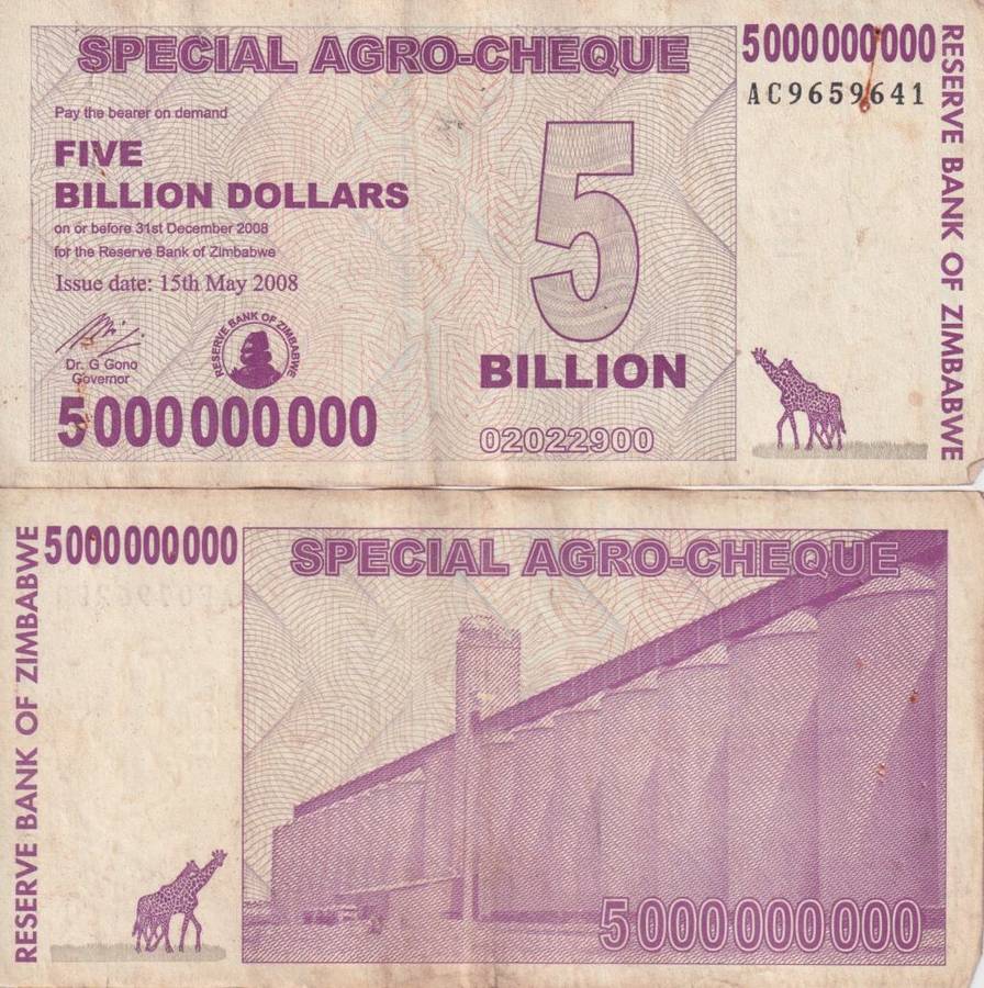 Zimbabwe 5 Billion Dollars SPECIAL AGRO CHEQUE  2008 P61 VF (USED)