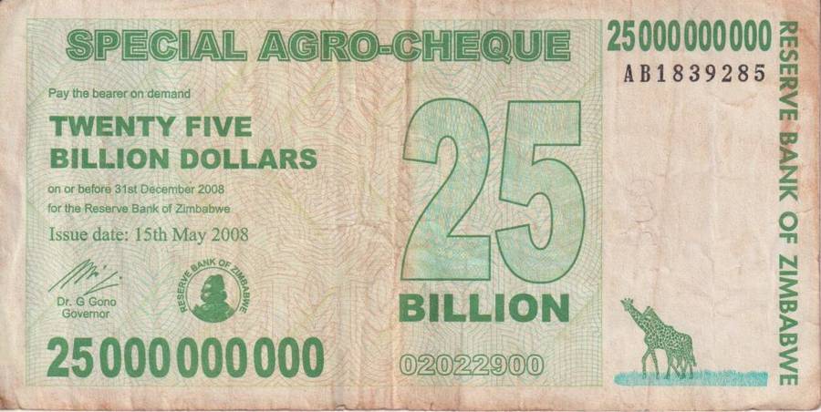 Zimbabwe 25 Billion Dollars SPECIAL AGRO CHEQUE  2008 P62 F-VG