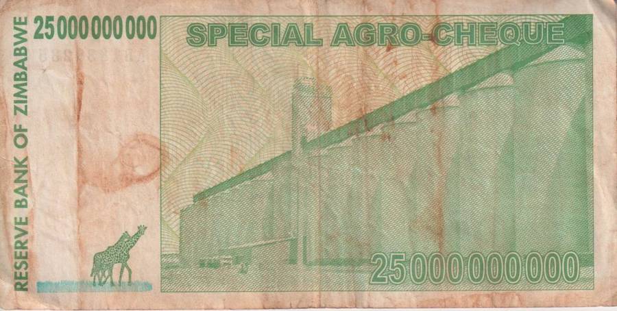 Zimbabwe 25 Billion Dollars SPECIAL AGRO CHEQUE  2008 P62 F-VG
