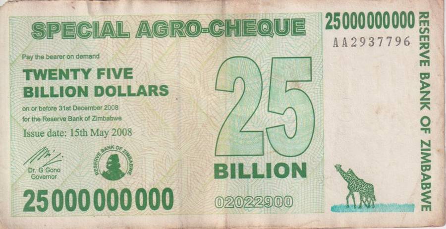 Zimbabwe 25 Billion Dollars SPECIAL AGRO CHEQUE  2008 P62 F-VG