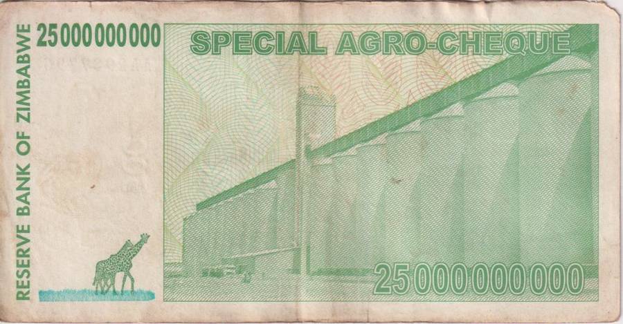 Zimbabwe 25 Billion Dollars SPECIAL AGRO CHEQUE  2008 P62 F-VG