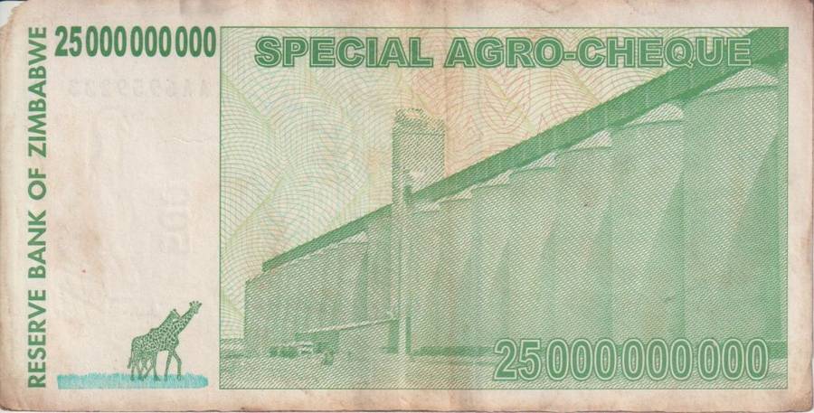 Zimbabwe 25 Billion Dollars SPECIAL AGRO CHEQUE  2008 P62 F-VG