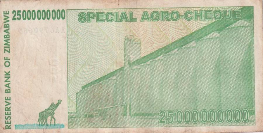 Zimbabwe 25 Billion Dollars SPECIAL AGRO CHEQUE  2008 P62 F-VG