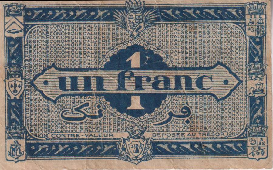 Algeria 1 Franc 1944 - 1949 P-98 RARE TUNISIA ALGERIE TUNISIE F-CONDITION