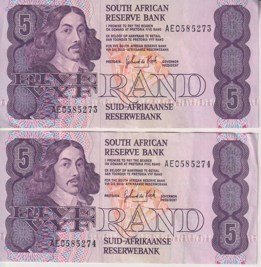 REPUBLIC OF SOUTH AFRICA - 5 RAND Gerhard Kock 2 x sequential banknotes VF