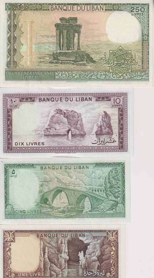 LEBANON 1,5,10,250 LIVRES 1980-1987 P61,62,63,67 UNC