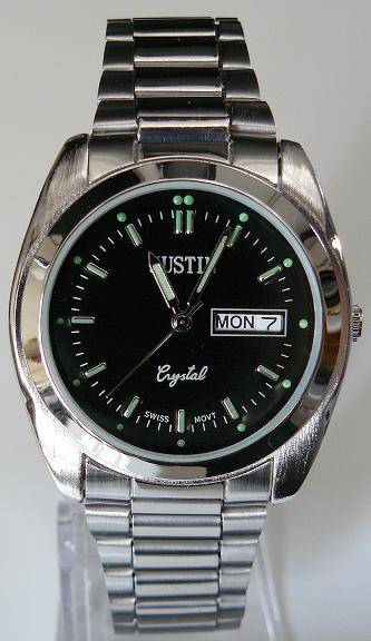 SILVER JUSTIN WATCH with date display and glow in the dark dials