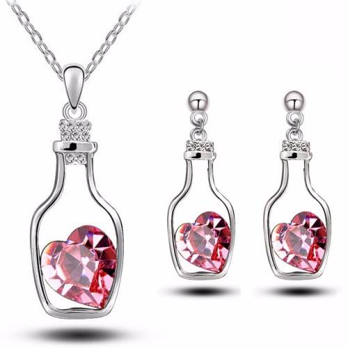 Pink Crystal Heart Pendant Necklace & Earring Set