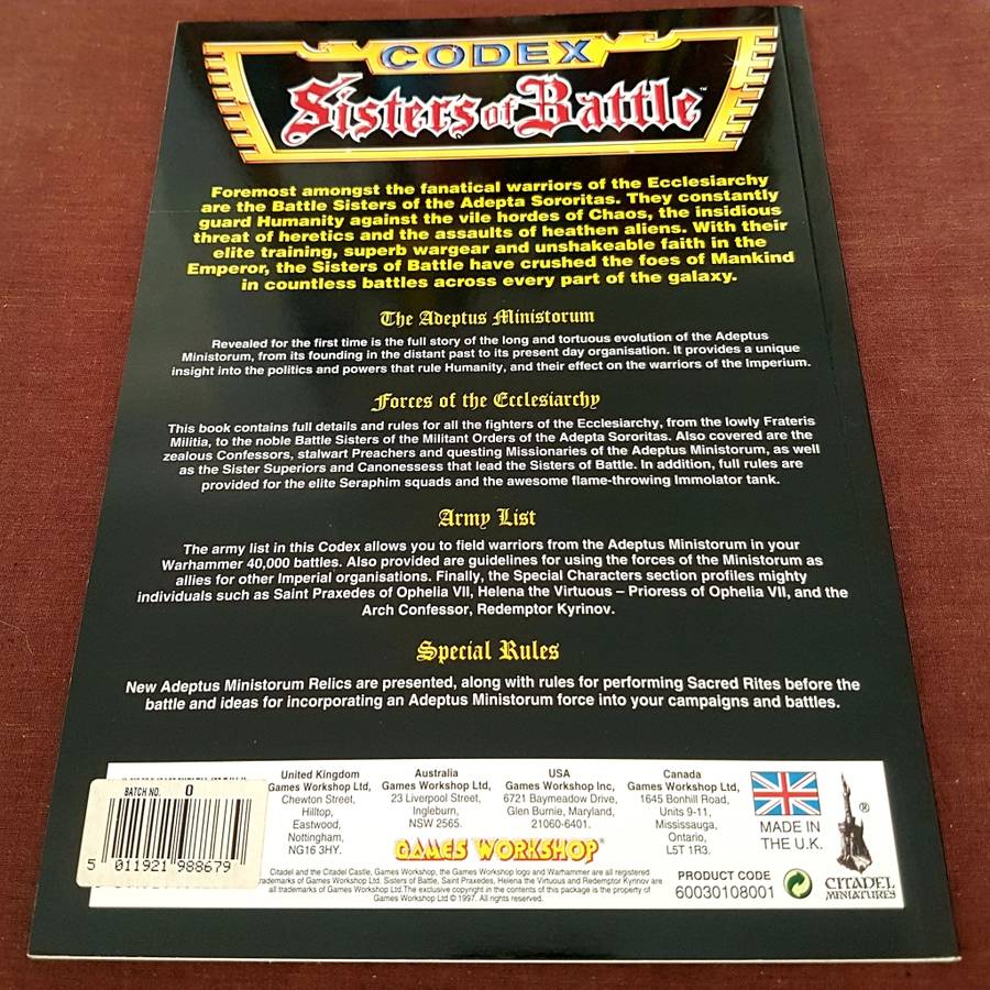 Warhammer 40k RARE Sisters Of Battle CODEX