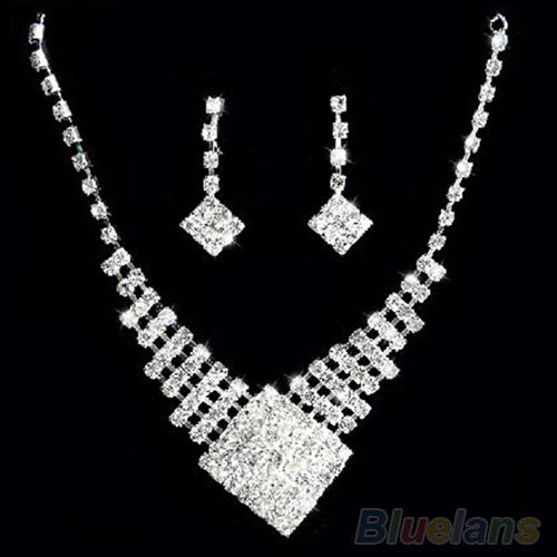 NEW WOMENS  WHITE GOLD PLATED CRYSTAL EVENING NECKLACE SETS