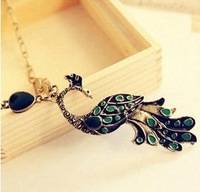 GREEN ENAMEL PEACOCK NECKLACE AND PENDANT